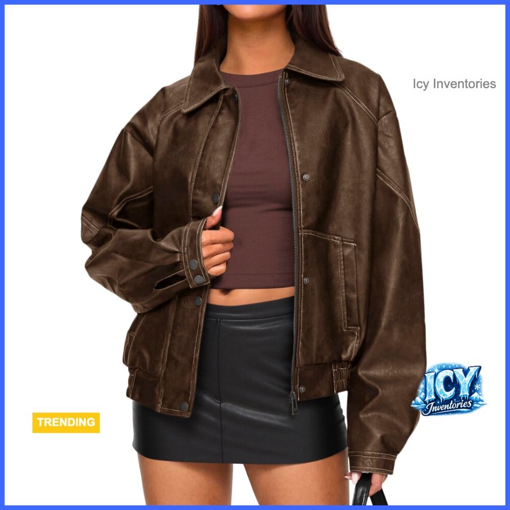 Faux Leather Bomber Jacket Women Oversized Moto Biker Zip Up